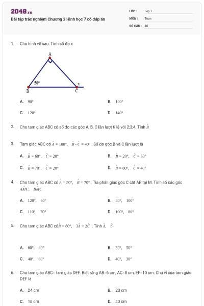 Bài tập trắc nghiệm Chương 2 Hình học 7 có đáp án