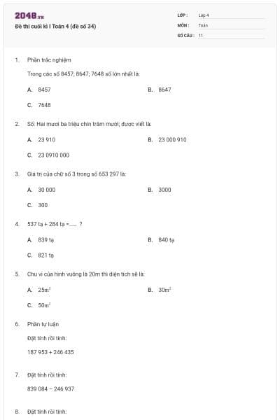 Đề thi cuối kì I Toán 4 (đề số 34)