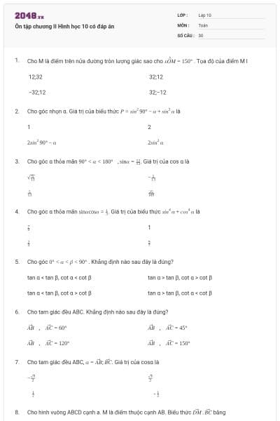 Ôn tập chương II Hình học 10 có đáp án