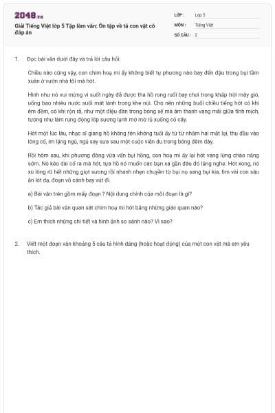 Giải Tiếng Việt lớp 5 Tập làm văn: Ôn tập về tả con vật có đáp án