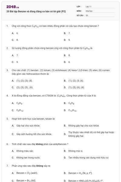 20 Bài tập Benzen và đồng đằng cơ bản có lời giải (P2)
