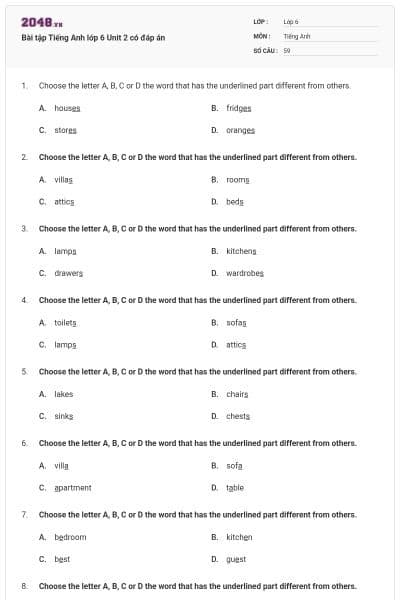 Bài tập Tiếng Anh lớp 6 Unit 2 có đáp án