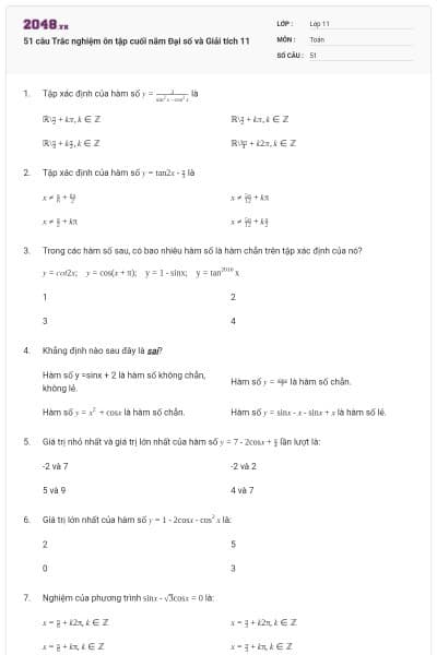 51 câu Trắc nghiệm ôn tập cuối năm Đại số và Giải tích 11