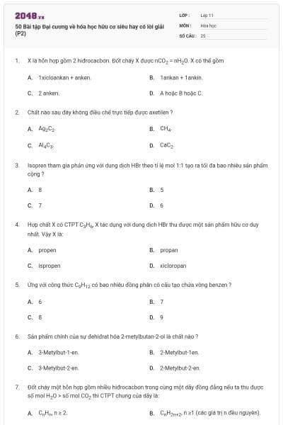 50 Bài tập Đại cương về hóa học hữu cơ siêu hay có lời giải (P2)