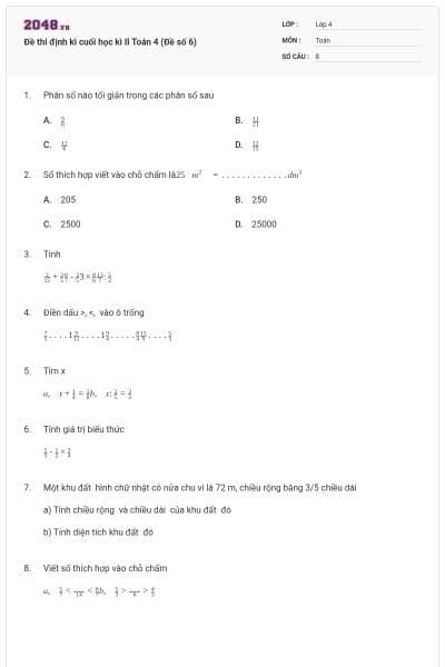 Đề thi định kì cuối học kì II Toán 4 (Đề số 6)