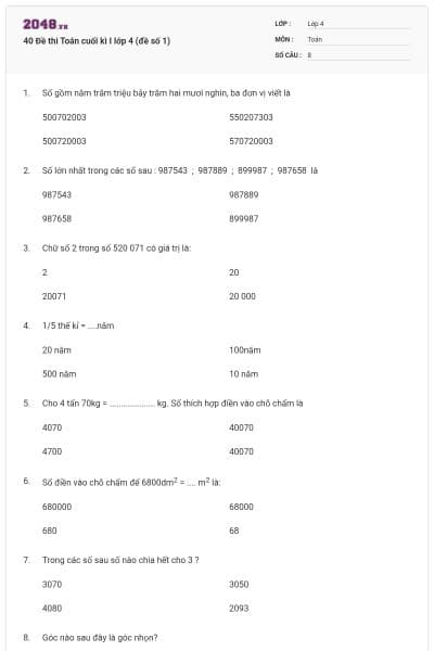 40 Đề thi Toán cuối kì I lớp 4 (đề số 1)