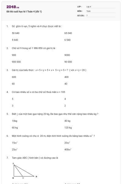 Đề thi cuối học kì I Toán 4 (đề 1)
