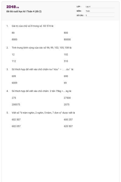 Đề thi cuối học kì I Toán 4 (đề 2)