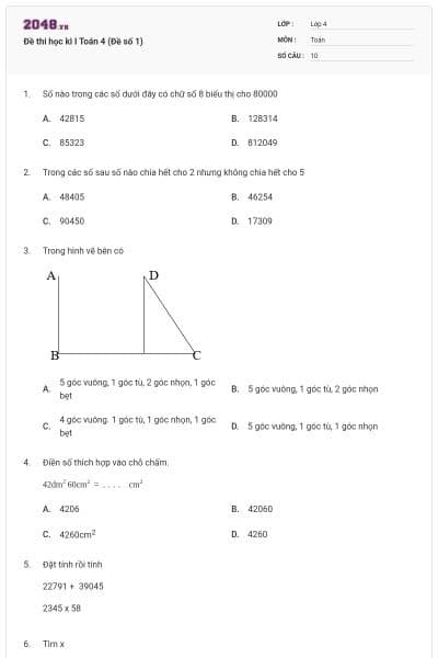 Đề thi học kì I Toán 4 (Đề số 1)