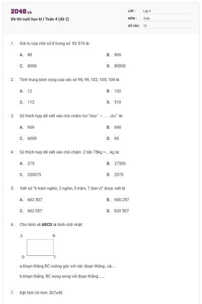 Đề thi cuối học kì I Toán 4 (đề 2)