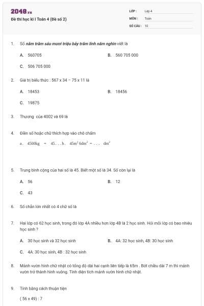 Đề thi học kì I Toán 4 (Đề số 2)