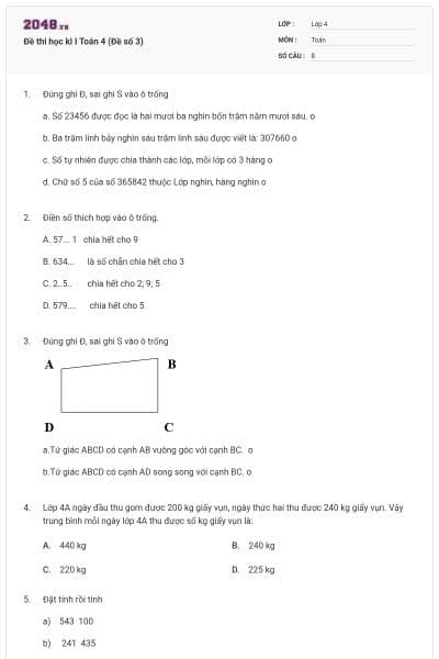 Đề thi học kì I Toán 4 (Đề số 3)