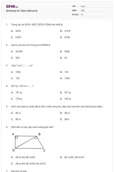 Đề thi học kì I Toán 4 (Đề số 4)