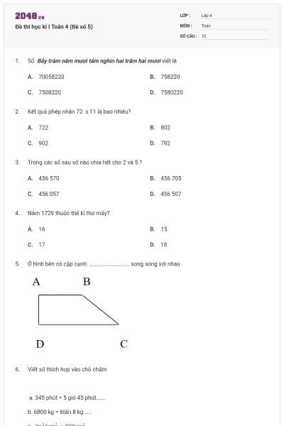 Đề thi học kì I Toán 4 (Đề số 5)