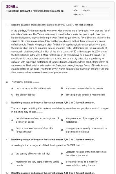 Trắc nghiệm Tiếng Anh 9 mới Unit 6 Reading có đáp án