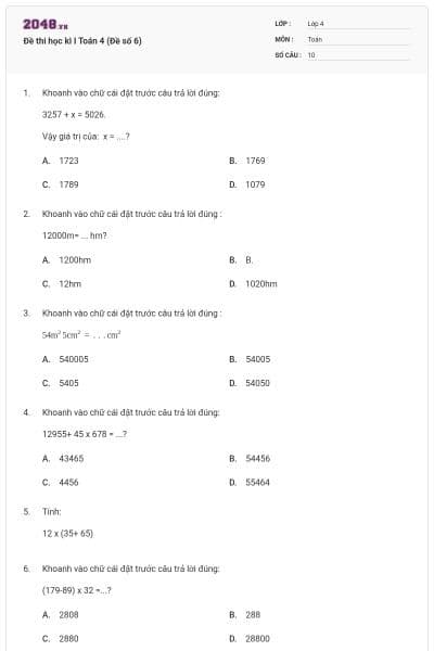 Đề thi học kì I Toán 4 (Đề số 6)