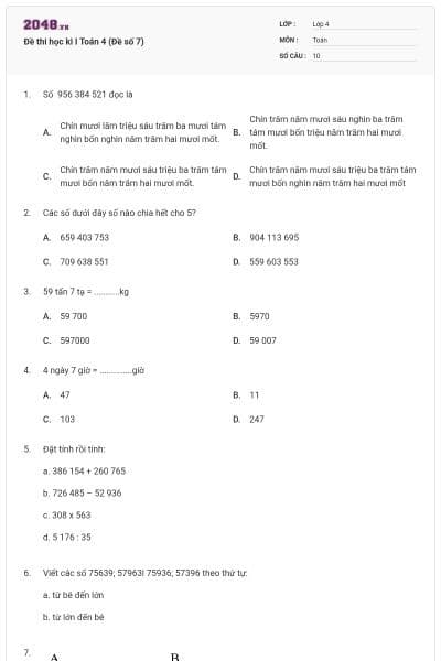 Đề thi học kì I Toán 4 (Đề số 7)