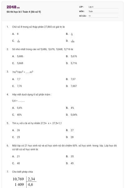 Đề thi học kì I Toán 4 (Đề số 9)
