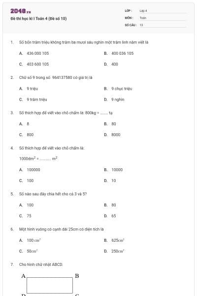 Đề thi học kì I Toán 4 (Đề số 10)