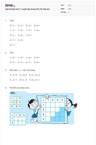 Giải bài tập toán 1: Luyện tập (trang 52) (Có đáp án)