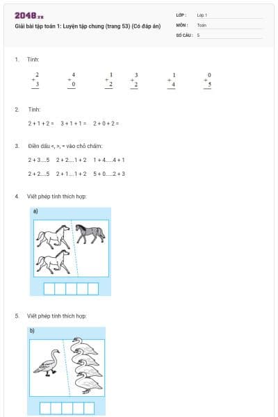 Giải bài tập toán 1: Luyện tập chung (trang 53) (Có đáp án)