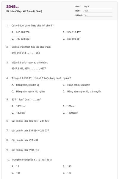 Đề thi cuối học kì I Toán 4 ( đề 4 )