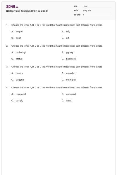 Bài tập Tiếng Anh lớp 6 Unit 4 có đáp án