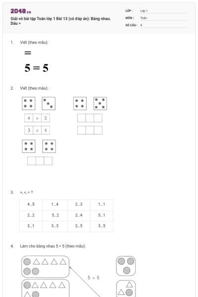 Giải vở bài tập Toán lớp 1 Bài 13 (có đáp án): Bằng nhau. Dấu =