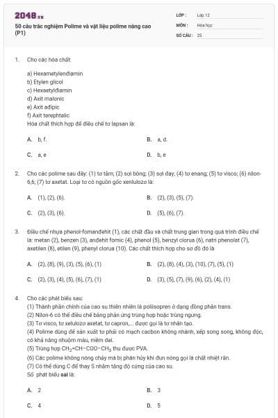 50 câu trắc nghiệm Polime và vật liệu polime nâng cao (P1)