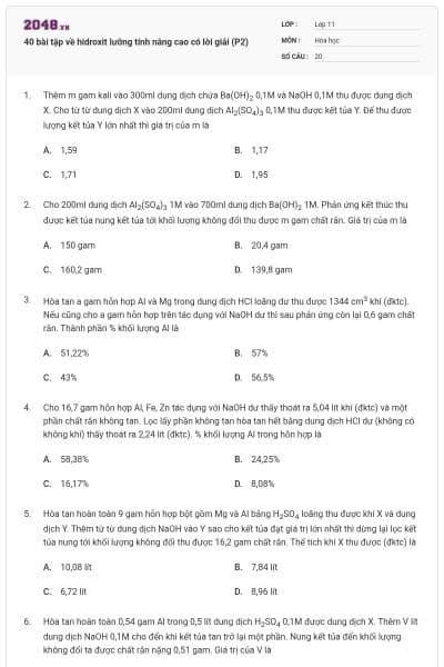 40 bài tập về hidroxit lưỡng tính nâng cao có lời giải (P2)