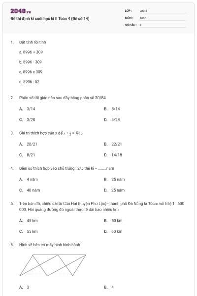 Đề thi định kì cuối học kì II Toán 4 (Đề số 14)