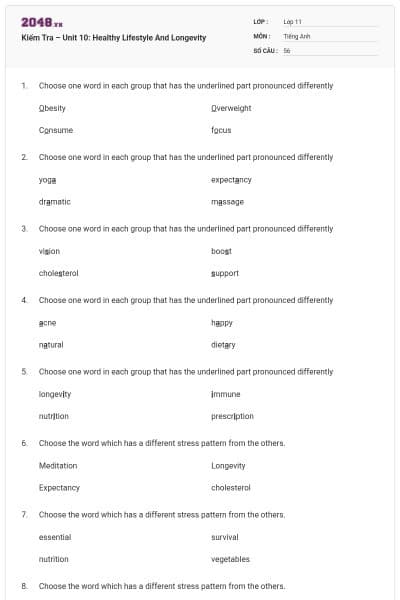 Kiểm Tra – Unit 10: Healthy Lifestyle And Longevity