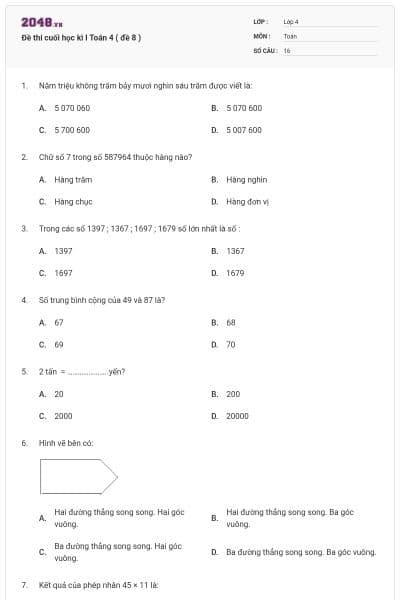 Đề thi cuối học kì I Toán 4 ( đề 8 )