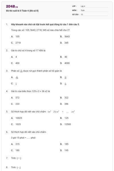 Đề thi cuối kì II Toán 4 (Đề số 8)
