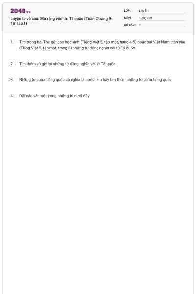 Luyện từ và câu: Mở rộng vốn từ: Tổ quốc (Tuần 2 trang 9-10 Tập 1)