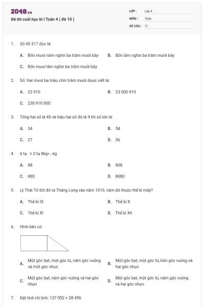 Đề thi cuối học kì I Toán 4 ( đề 10 )