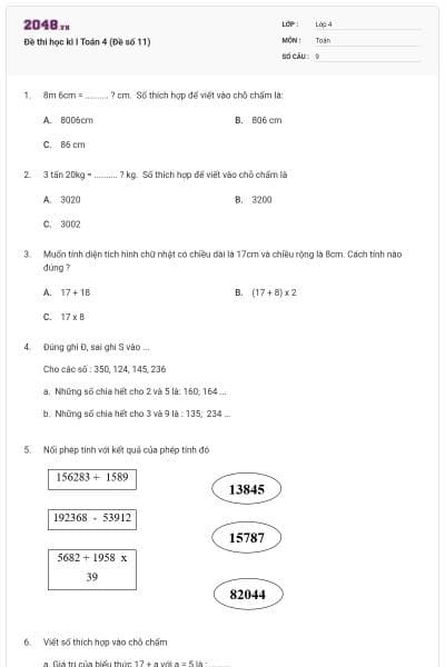 Đề thi học kì I Toán 4 (Đề số 11)