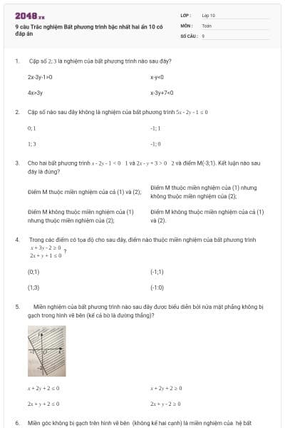 9 câu  Trắc nghiệm Bất phương trình bậc nhất hai ẩn 10 có đáp án