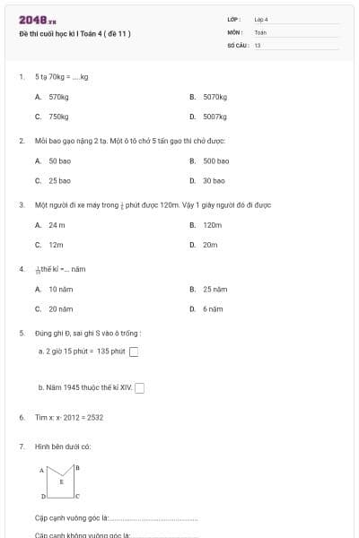 Đề thi cuối học kì I Toán 4 ( đề 11 )