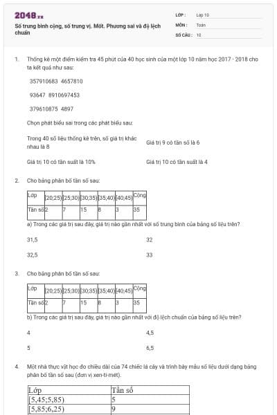 Số trung bình cộng, số trung vị. Mốt. Phương sai và độ lệch chuẩn