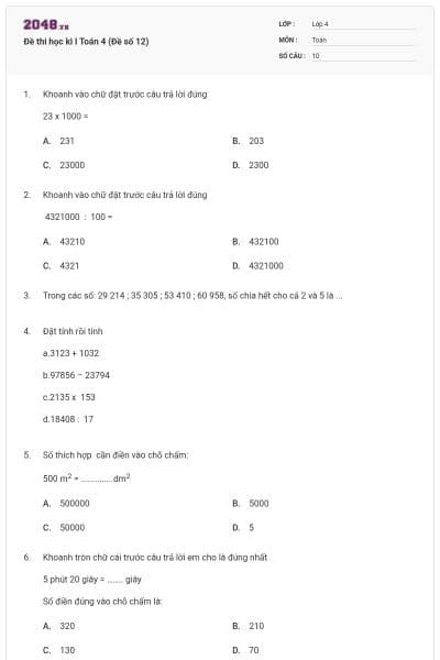 Đề thi học kì I Toán 4 (Đề số 12)