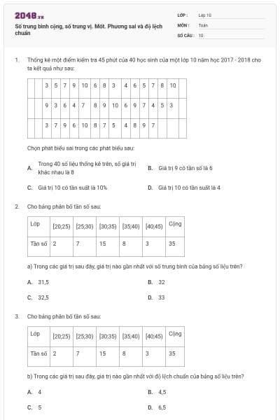 Số trung bình cộng, số trung vị. Mốt. Phương sai và độ lệch chuẩn