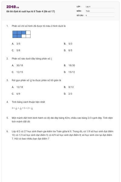 Đề thi định kì cuối học kì II Toán 4 (Đề số 17)