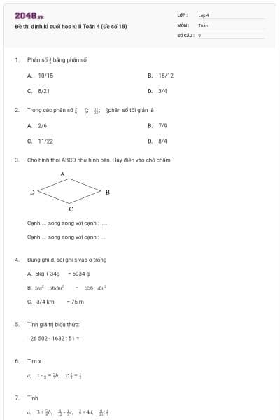 Đề thi định kì cuối học kì II Toán 4 (Đề số 18)