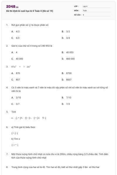 Đề thi định kì cuối học kì II Toán 4 (Đề số 19)