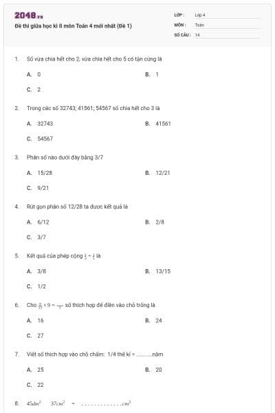 Đề thi giữa học kì II môn Toán 4 mới nhất (Đề 1)
