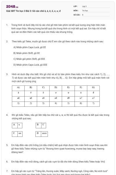 Giải SBT Tin học 3 Bài 3: Gõ các chữ ă, â, ê, ô, ơ, ư, đ