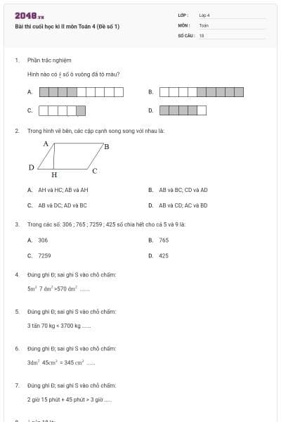 Bài thi cuối học kì II môn Toán 4 (Đề số 1)