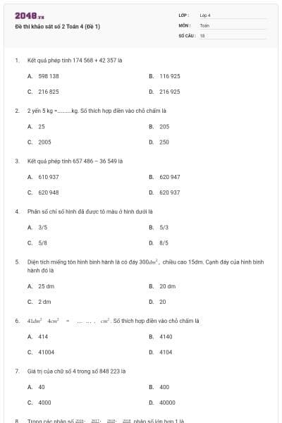 Đề thi khảo sát số 2 Toán 4 (Đề 1)