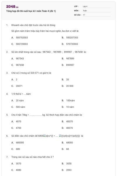 Tổng hợp đề thi cuối học kì I môn Toán 4 (đề 1)